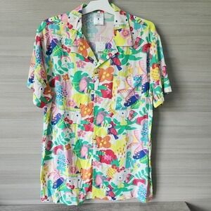 Hello Kitty Graphic Short Sleeve Hawaii Button Shirt Tropical Floral Beach Sz L